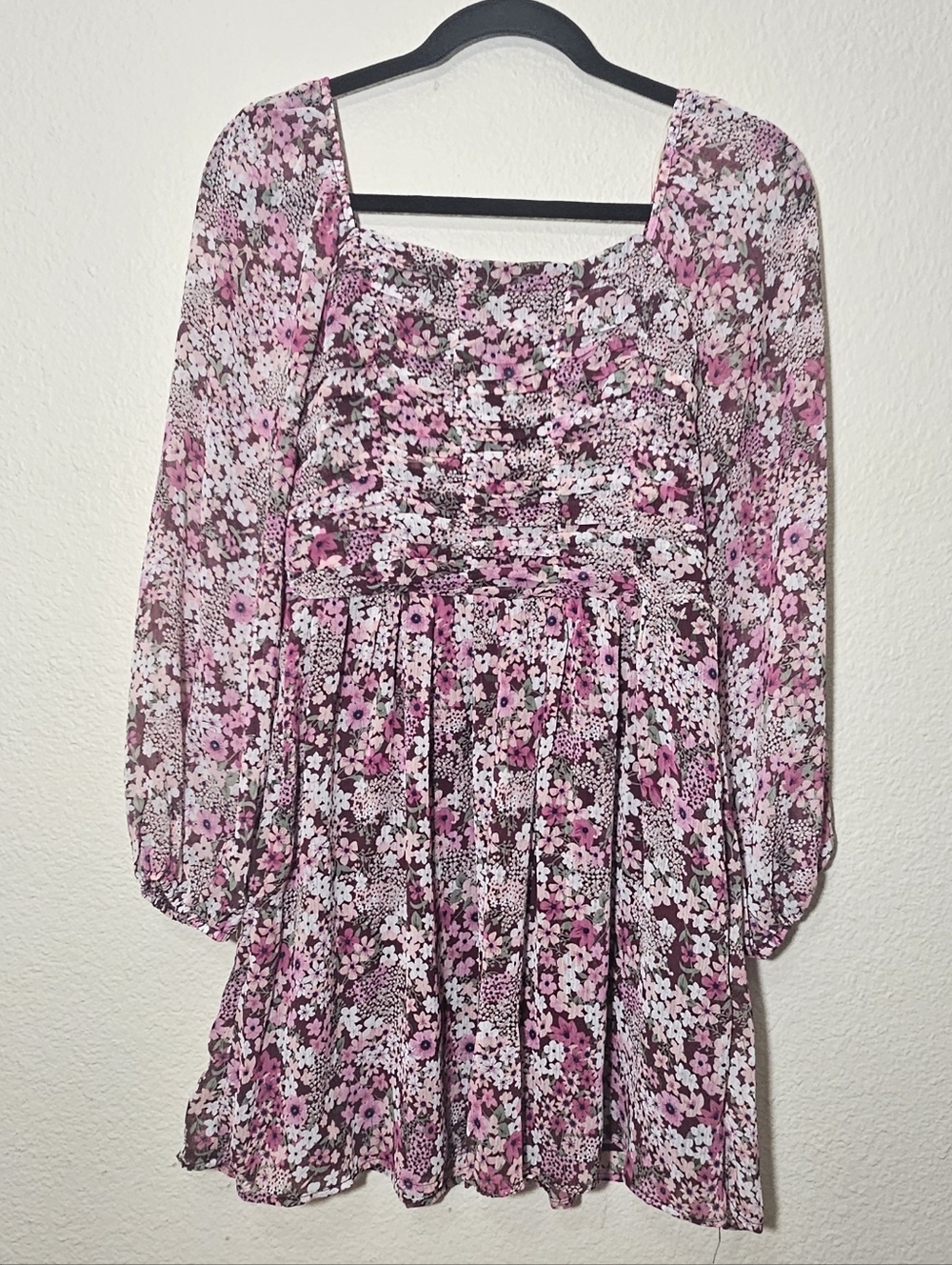 Pink Floral Square-Neck Midi Dress with Long Sleeves